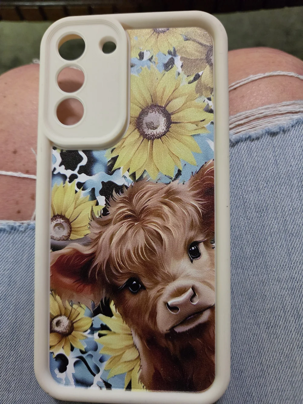 S22 Plus Cute Highland Cow Sunflower Phone Case - Cream Trim